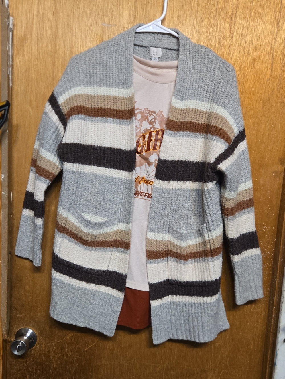 Womens Gray Striped Open-Front Cardigan Sweater